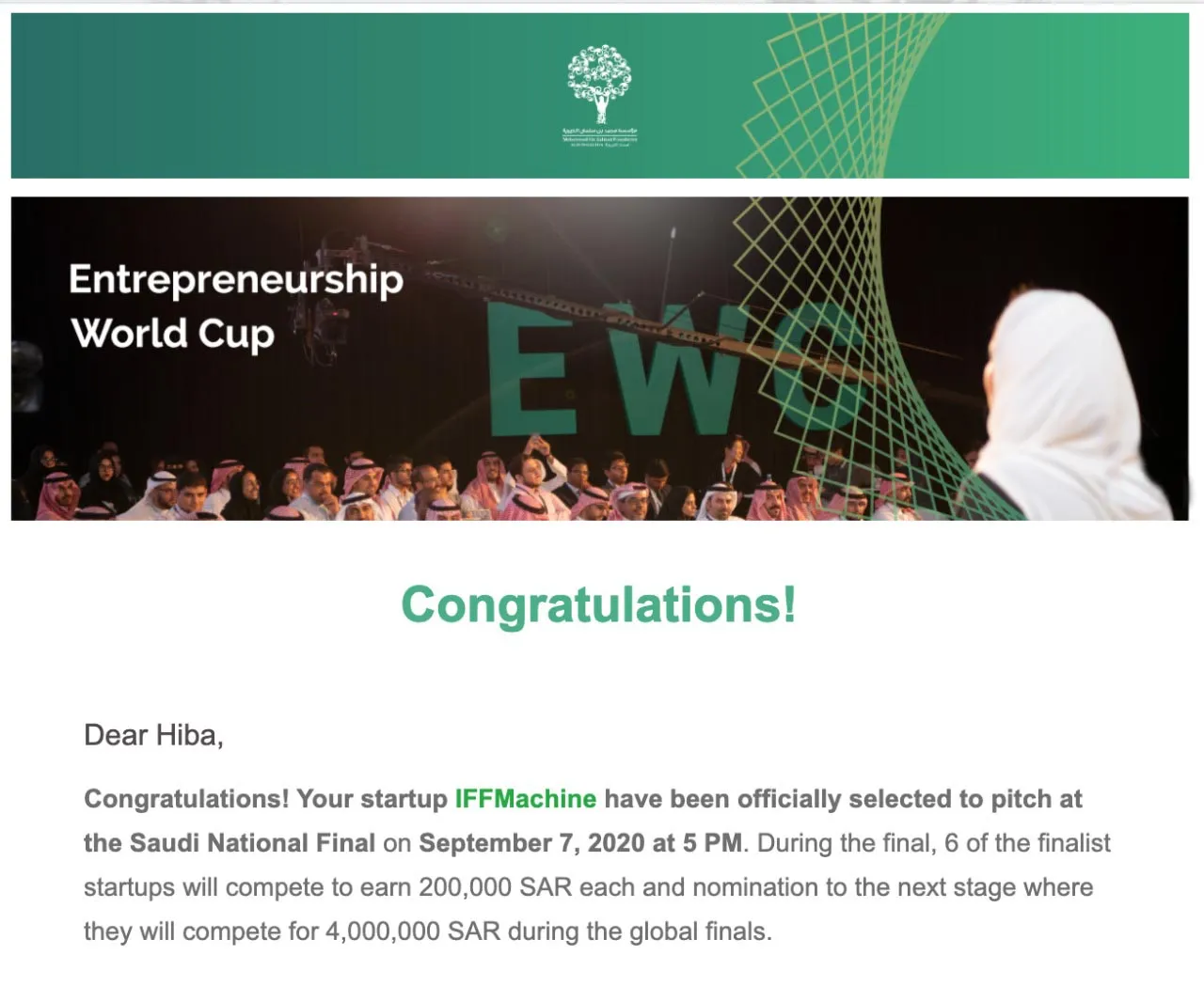 ترشيح IFF في تصفية جائزة كأس العالم للمشاريع الرائدة