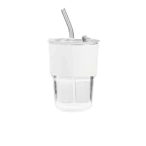 كوب زجاجي شفاف أنيق بمسكة جلد وغطاء سيليكون بألوان متعددة