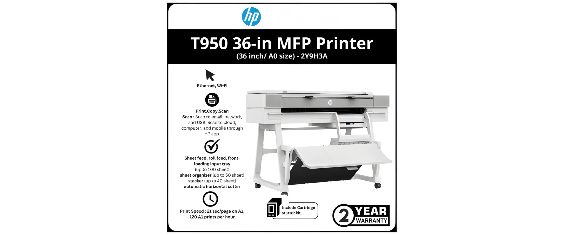 طابعة HP DesignJet T950 متعددة الوظائف بحجم 91.44سم( طباعة نسخ- مسح ضوئي)